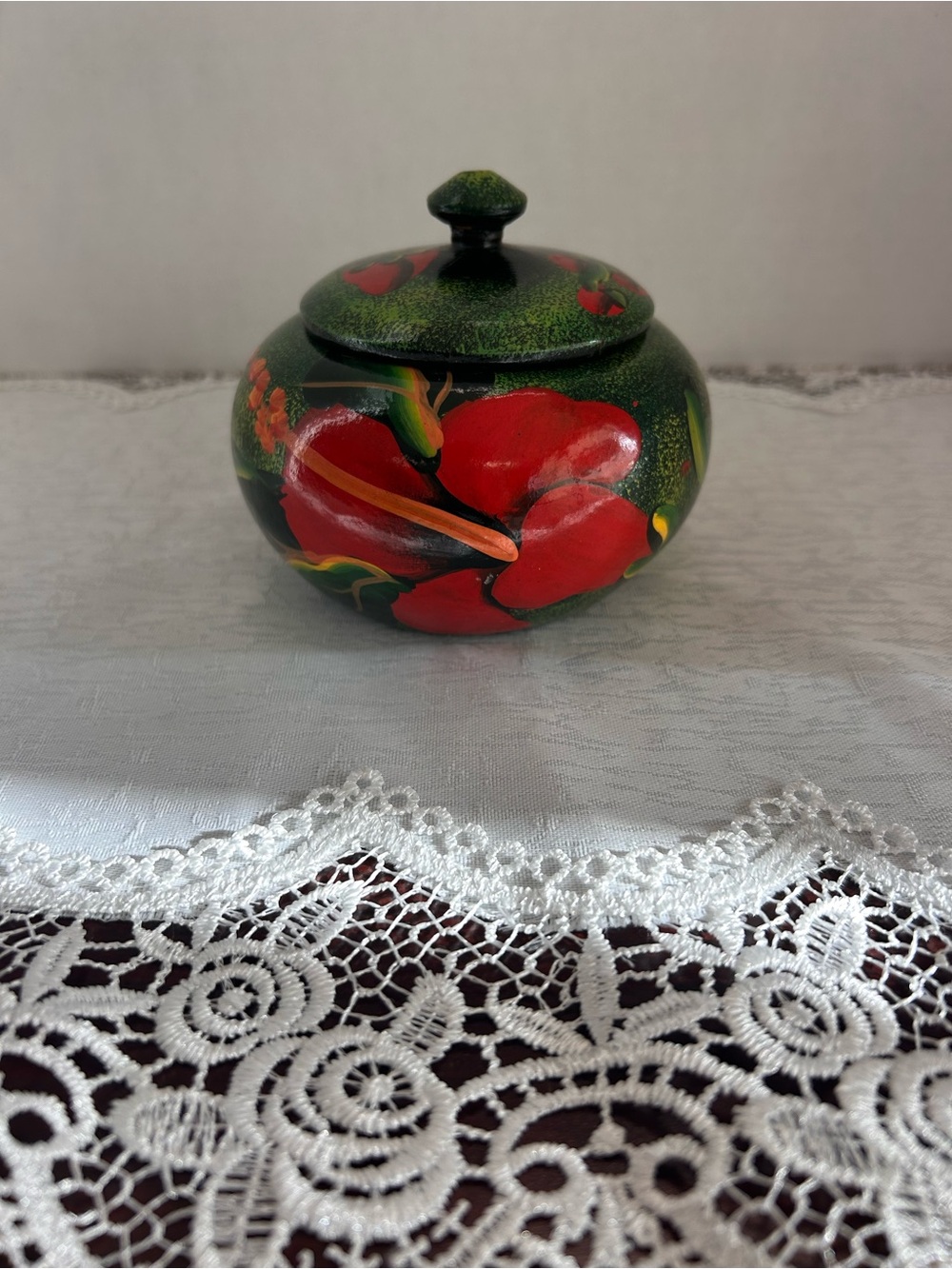 Vintage Hand Turned & Painted Wood Laquer Trinket Jar With Lid Folk Art Floral